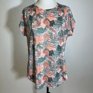 Reebok Green Pink Tropical Floral Print Short Sleeve T-Shirt Womens Size Large L